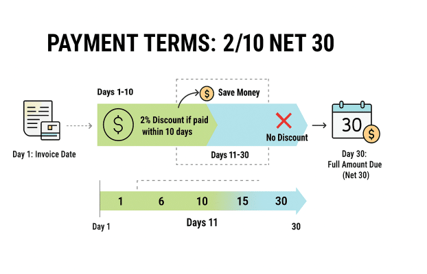 Illustration of 2/10 Net 30 payment terms showing discount if paid within 10 days and full payment by day 30.