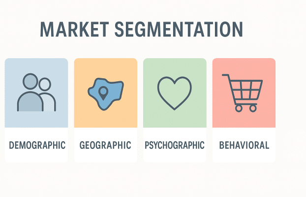 Infographic illustration of market segmentation with four types: demographic, geographic, psychographic, and behavioral.