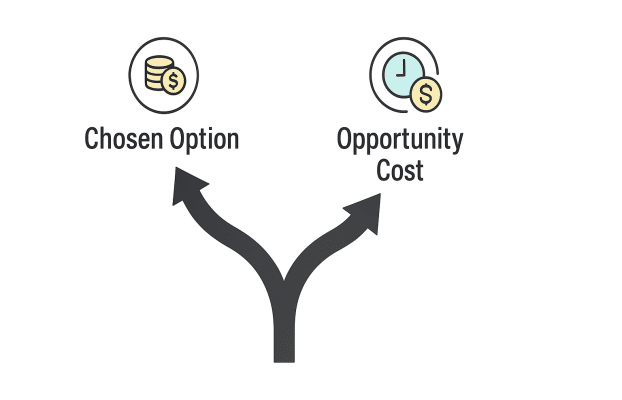 Graphic showing diverging arrows labeled “chosen” and “opportunity cost,” illustrating lost alternative in decision making.