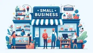 Lively small business retail shop with a shopkeeper assisting customers.