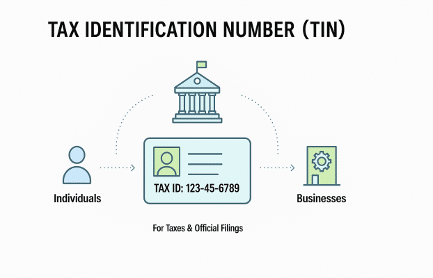 Infographic showing Tax Identification Number with icons of ID card, government, individual, and business for tax reporting purposes.