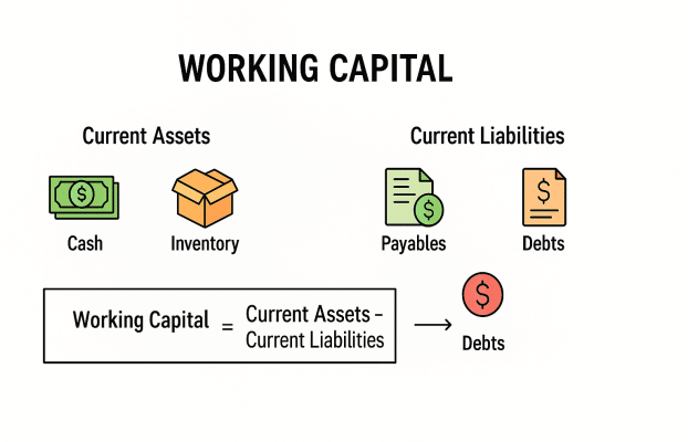 Infographic showing working capital calculation and components (assets vs liabilities) with icons and formula.