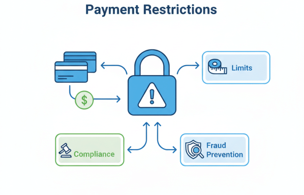 Infographic showing payment restrictions with credit card, lock, and warning icons