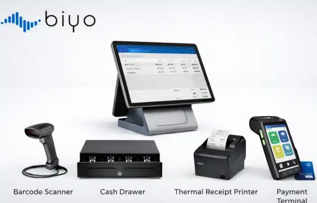 Meaning of POS system showing POS terminal, barcode scanner, cash drawer, receipt printer, and payment terminal