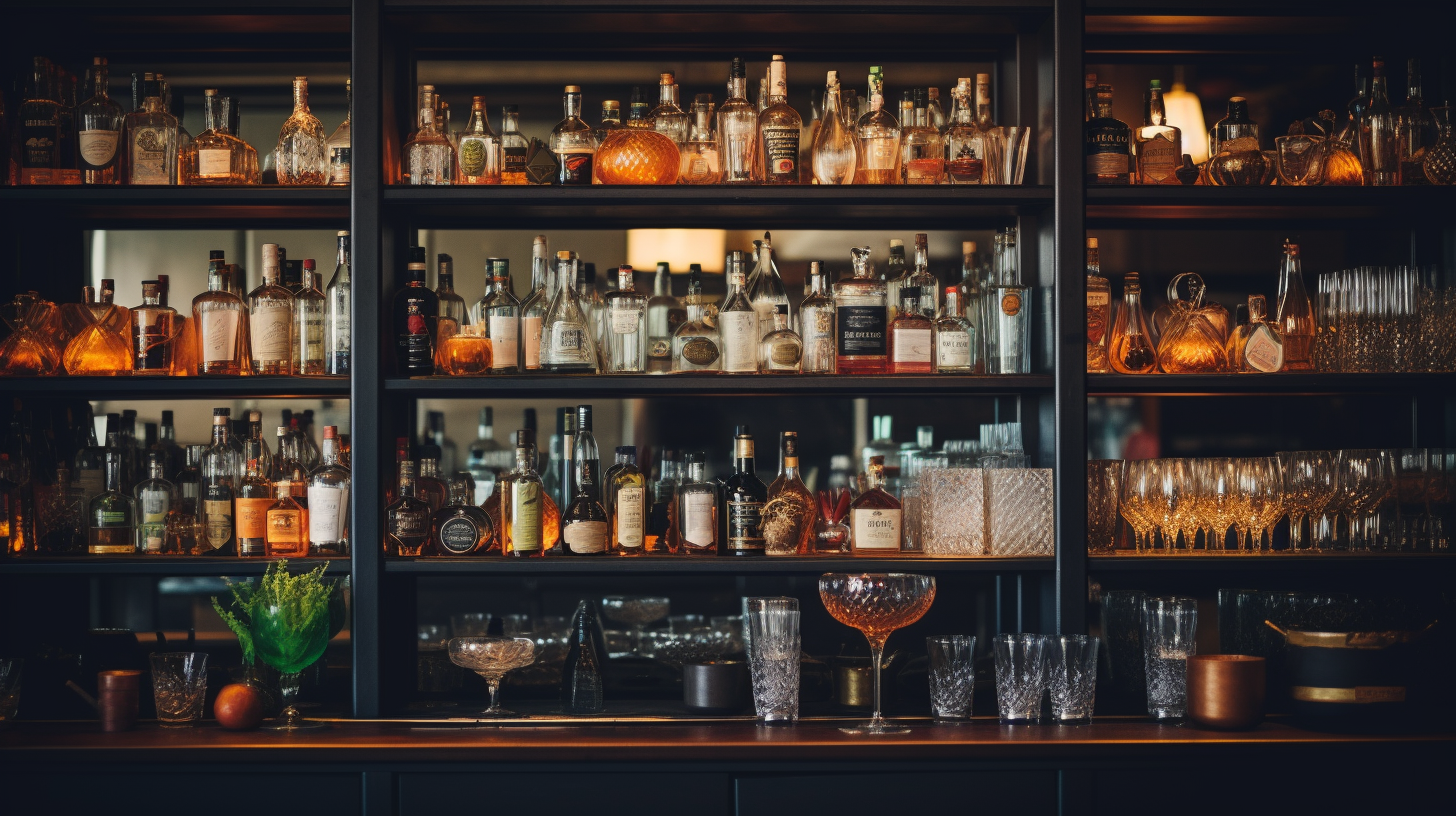 Barback organizing a diverse array of liquor bottles and glassware on a bar shelf.