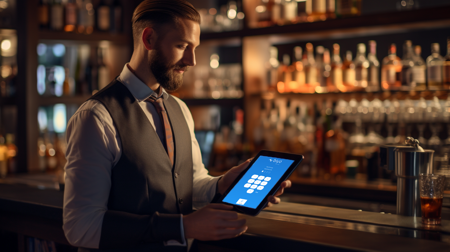 Barback using a Biyo POS system on a tablet at a modern bar.