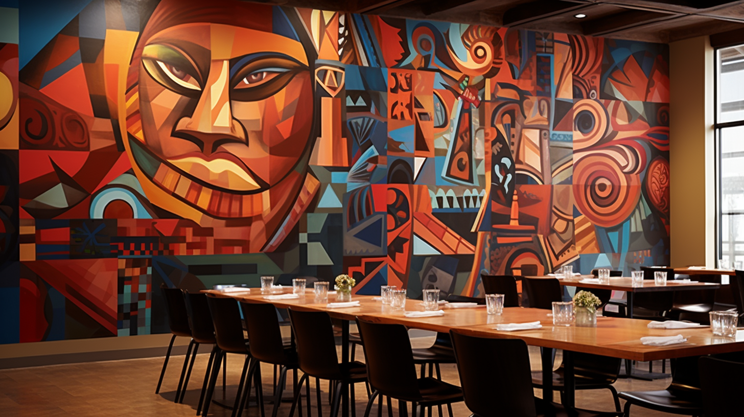 Restaurant decor featuring local art and culture integration.