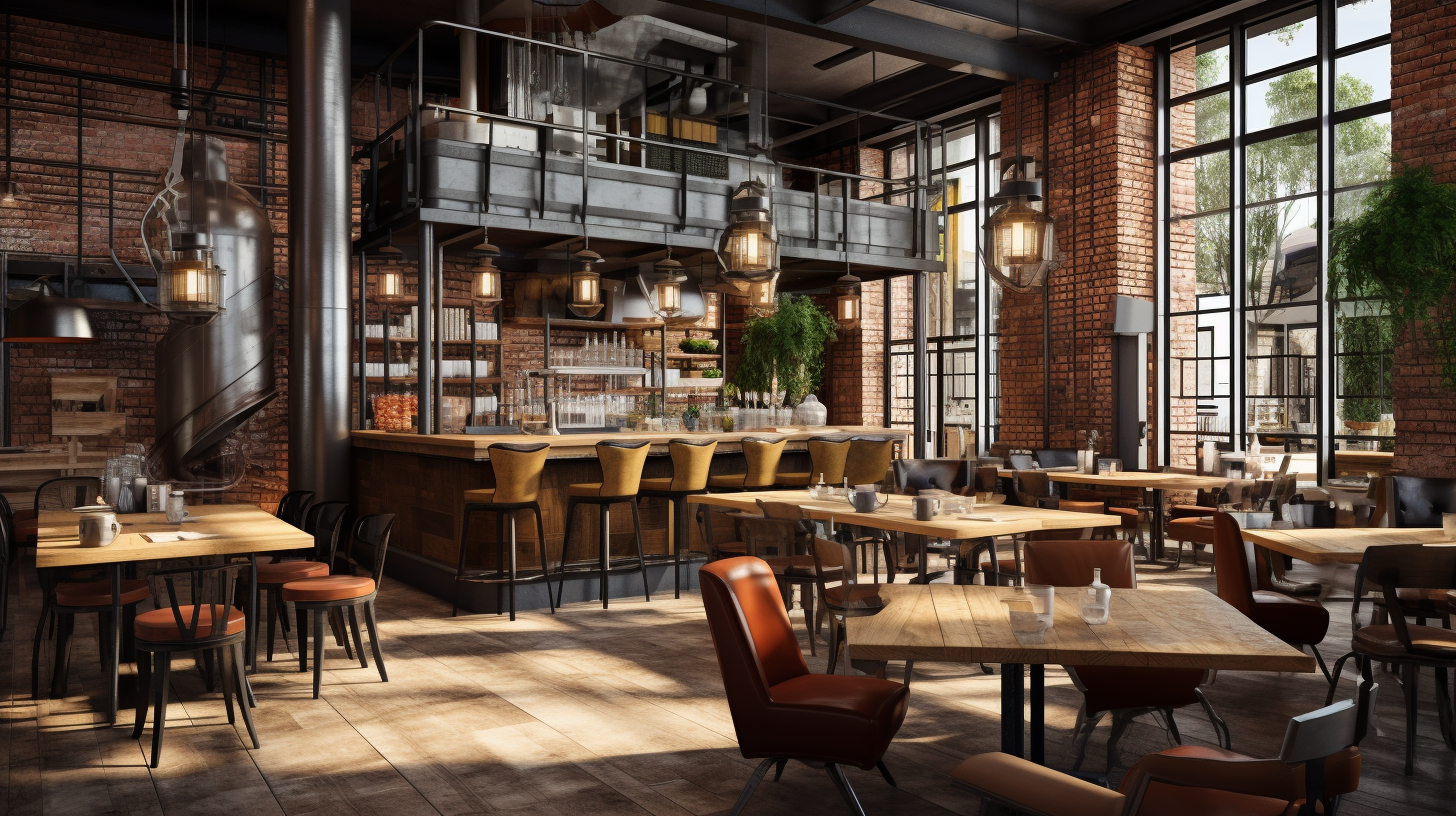 Modern urban bistro decor with exposed brick walls and metal accents.