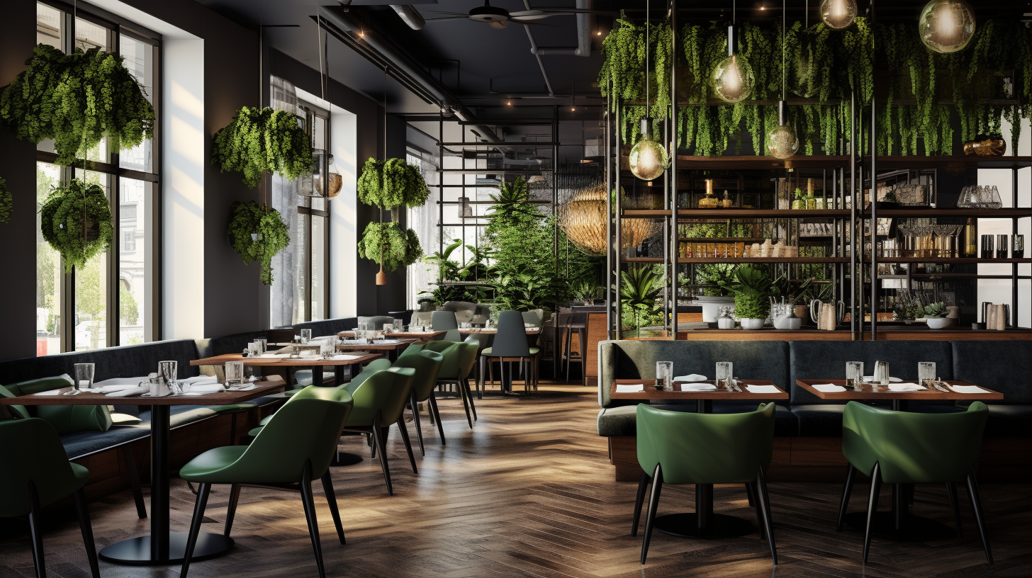 Restaurant decor with potted plants and hanging greenery.