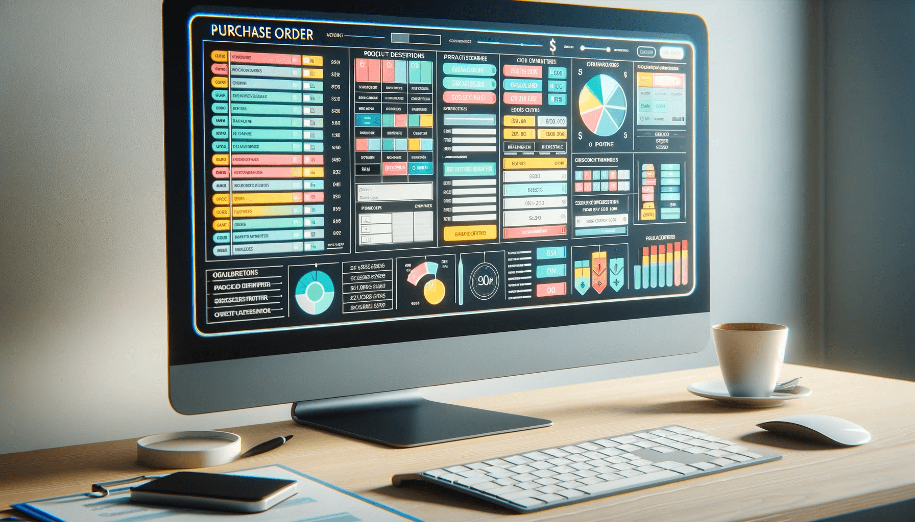 Close-up of a computer screen showing a detailed purchase order template in a professional office setting, emphasizing efficient business management