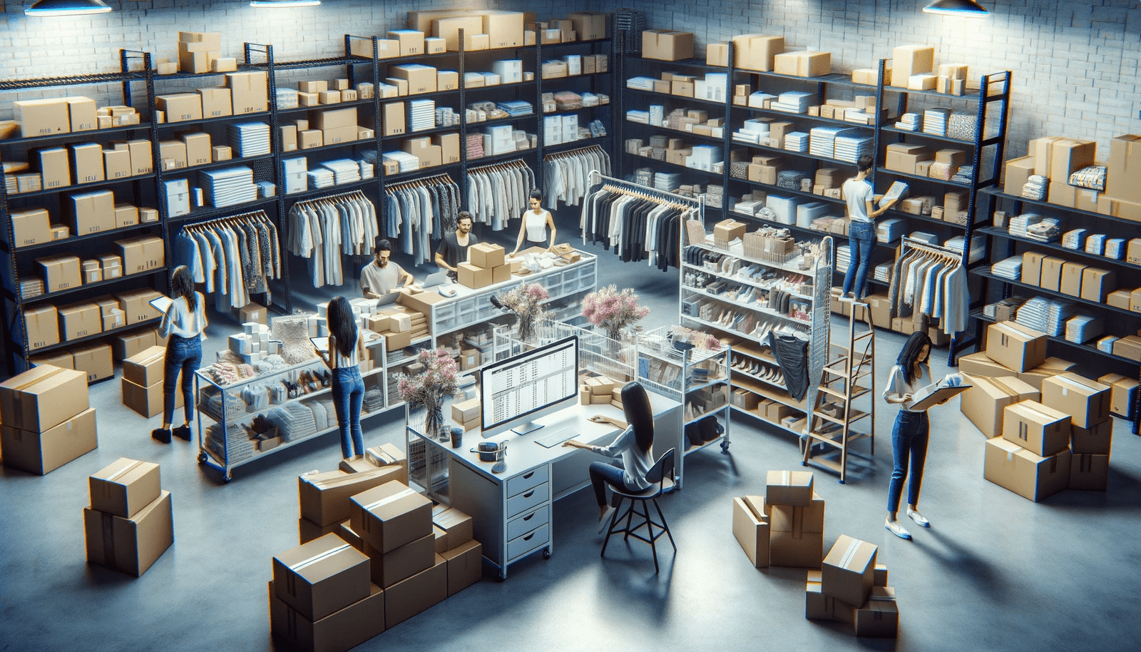 Busy warehouse scene with organized shelves and staff packaging for online boutique stores.