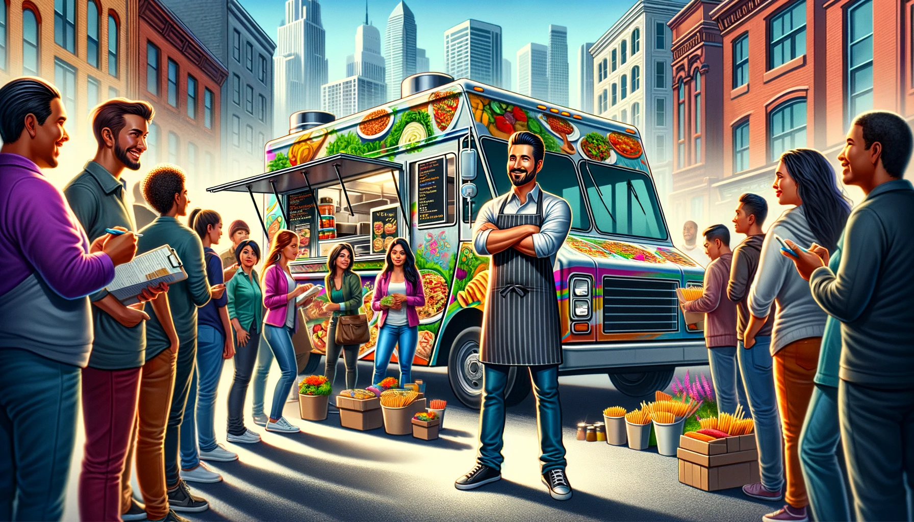 A motivating image showcasing a food truck entrepreneur serving eager customers, symbolizing the journey of building a thriving mobile restaurant business 