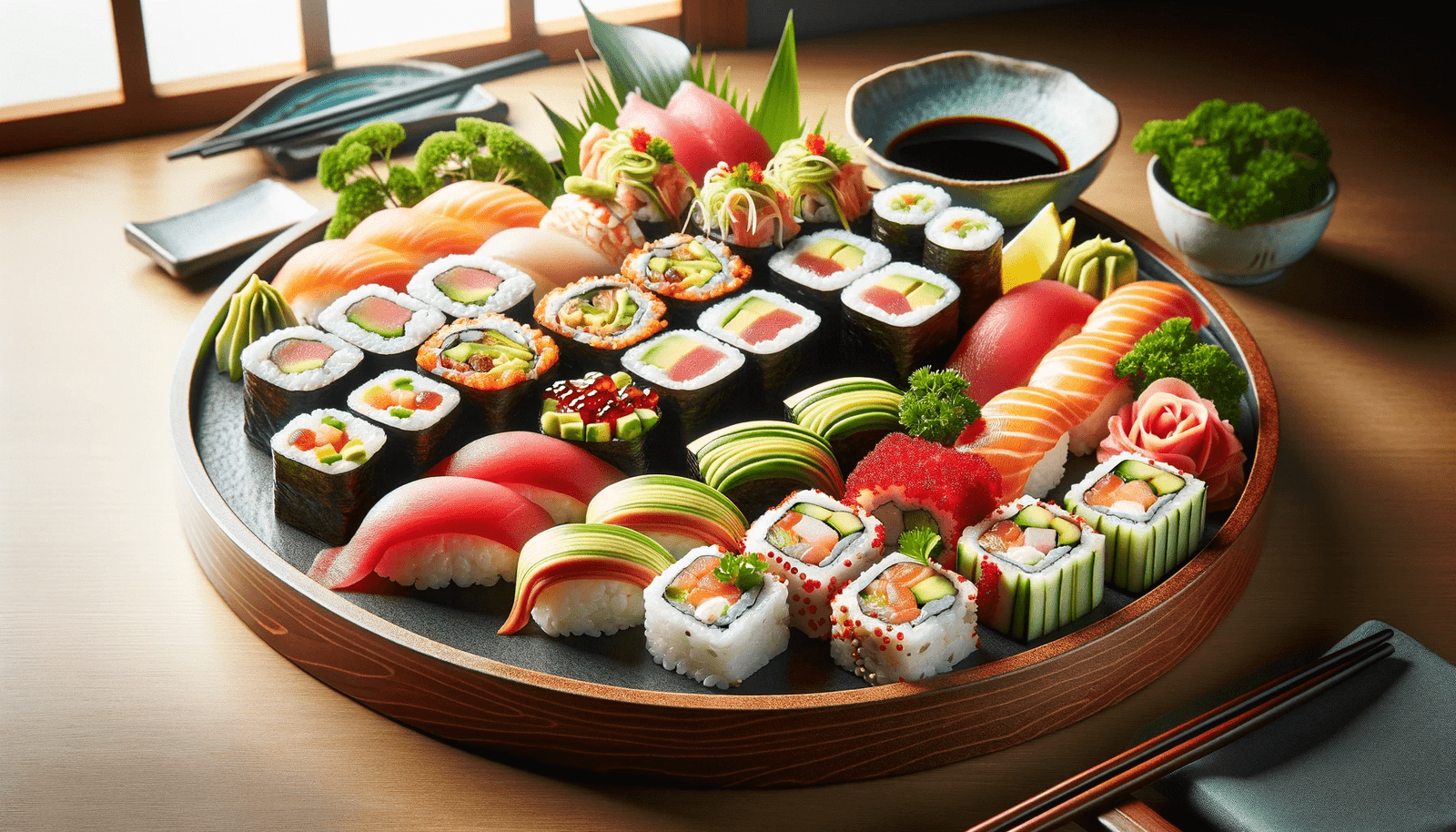 A stunning image of an assortment of maki sushi rolls on a platter — a culinary delight.