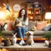 Cheerful pet sitter surrounded by various pets in a cozy home environment