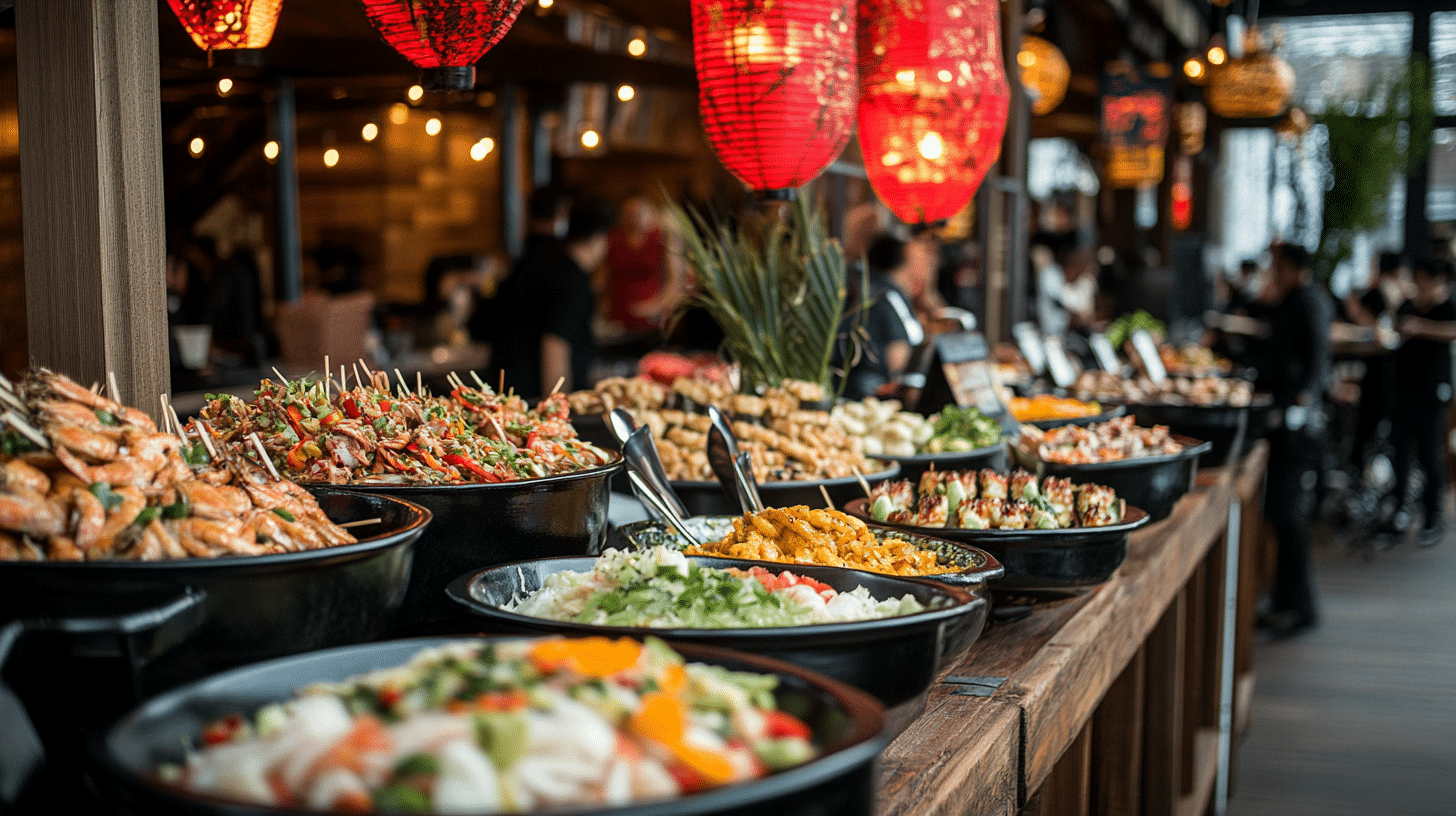 Themed catering menu ideas featuring international cuisine food stations.