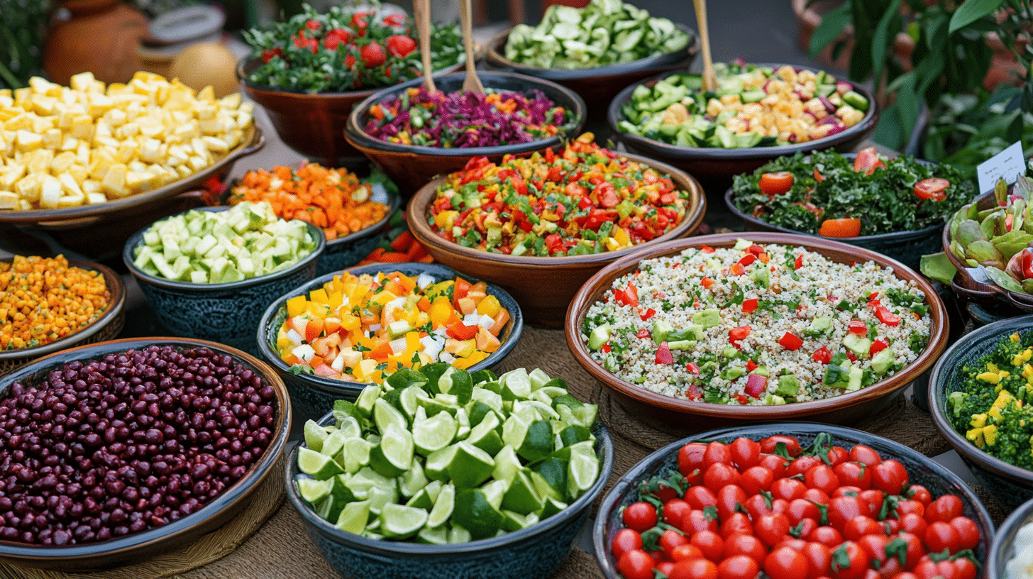 Vegan and vegetarian catering menu ideas with salads, grain bowls, and plant-based appetizers.