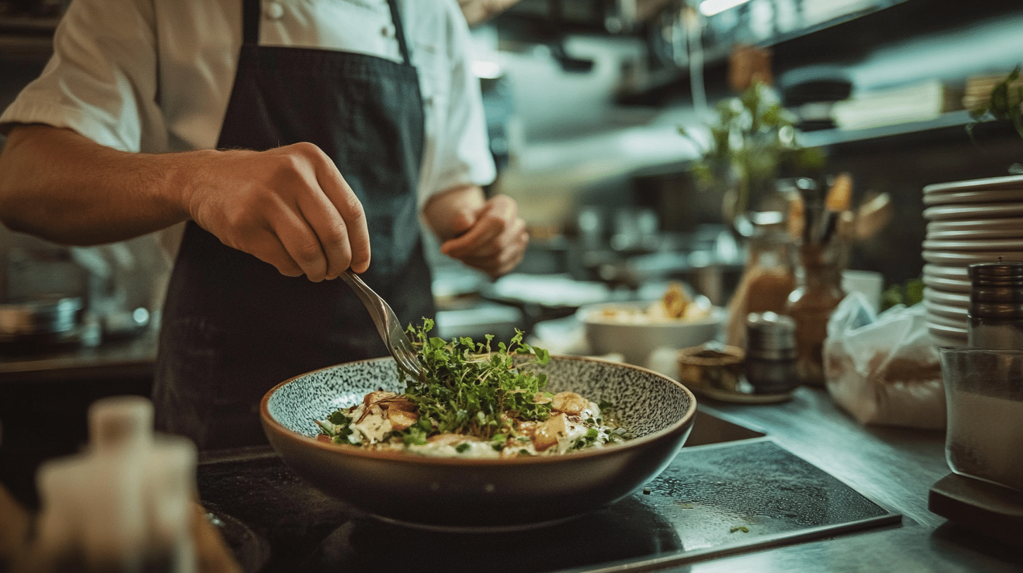 Chef at a farm-to-table restaurant in Oslo preparing Norwegian dishes.