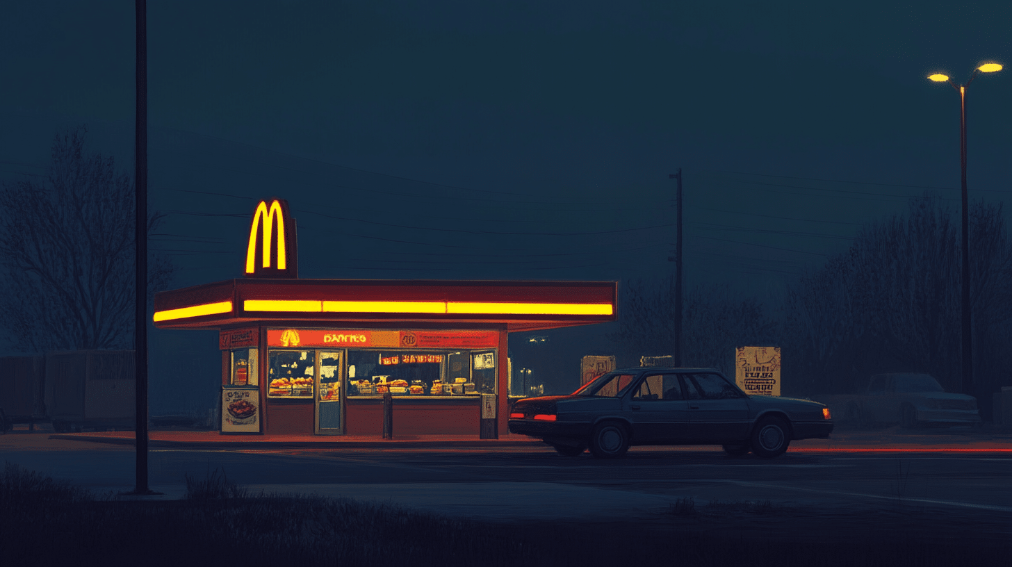 Late-night drive-thru at a top fast food restaurant with glowing lights.