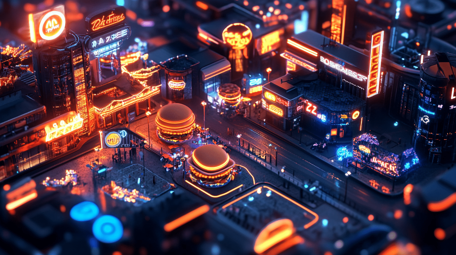 Aerial view of top fast food restaurants in a bustling neon-lit plaza.