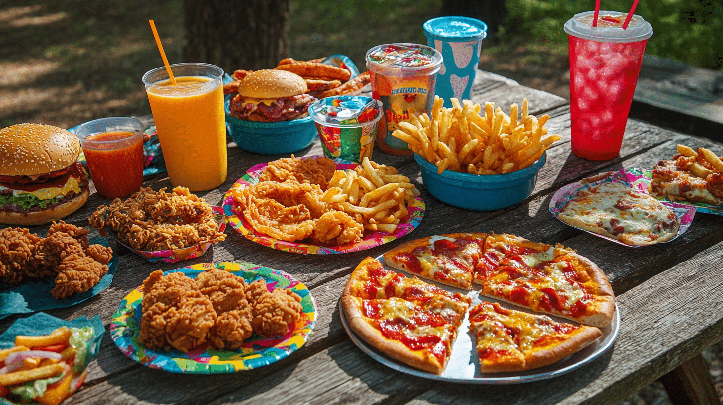 Colorful spread of food from top fast food restaurants including pizza and fried chicken.