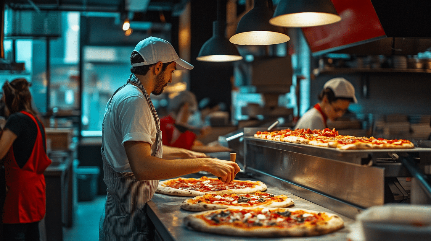 Interior of a modern fast-casual pizza restaurant featuring custom pizza-making counters.
