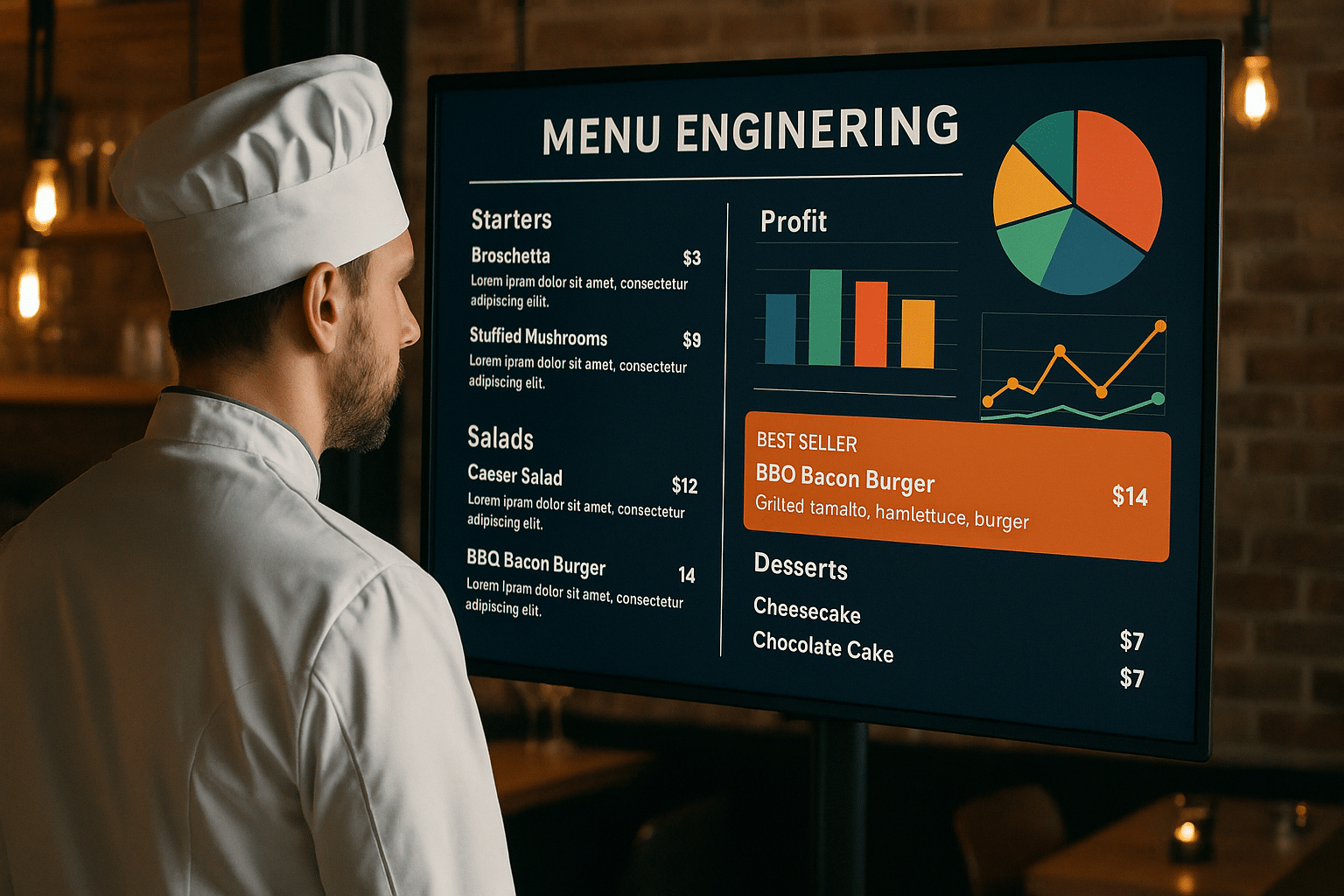 Chef analyzing digital menu with profit charts for Menu Engineering.