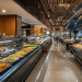 Buffet menu featuring international cuisine, carving stations, salad bar, and dessert selections
