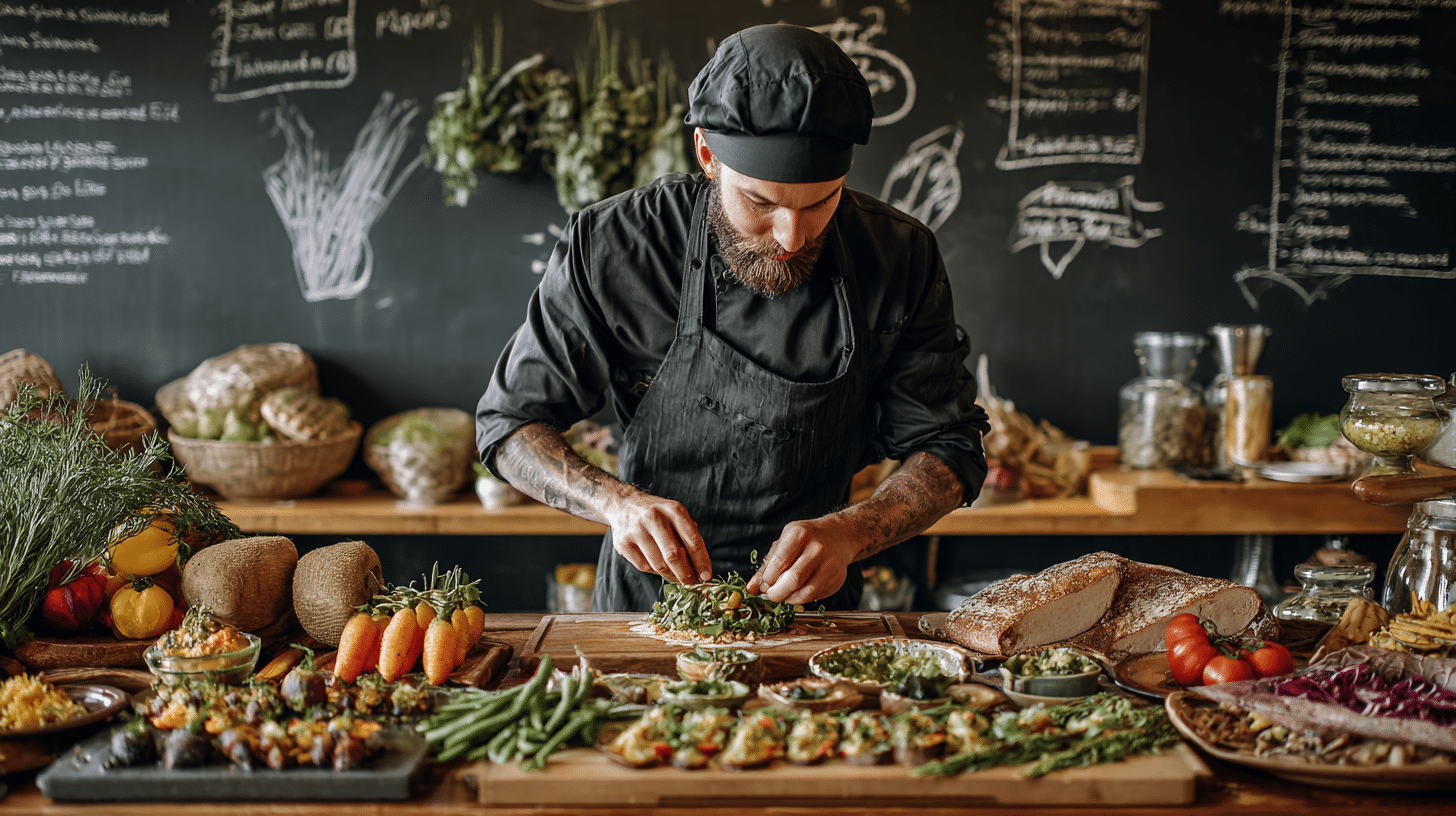 Chef preparing tailored dishes for a non-prix fixe menu with fresh ingredients.