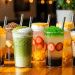 Bubble tea menu drinks with taro, matcha, fruit tea, and toppings.