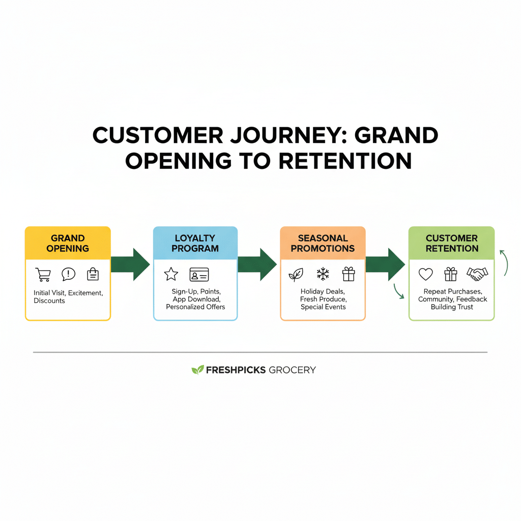 Flowchart of customer journey in marketing for a new grocery store.
