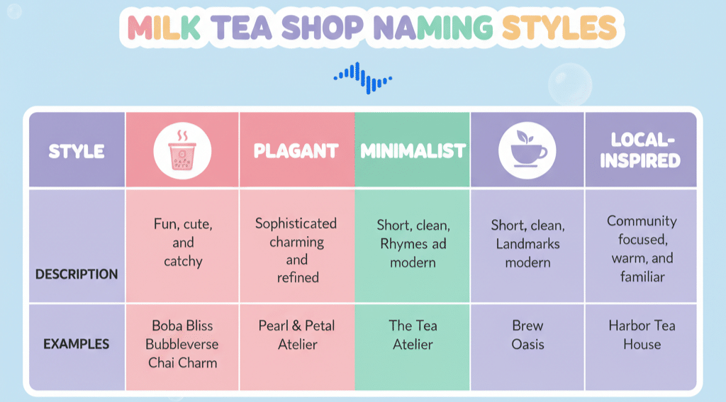 Comparison infographic styles on how to name a milk tea shop