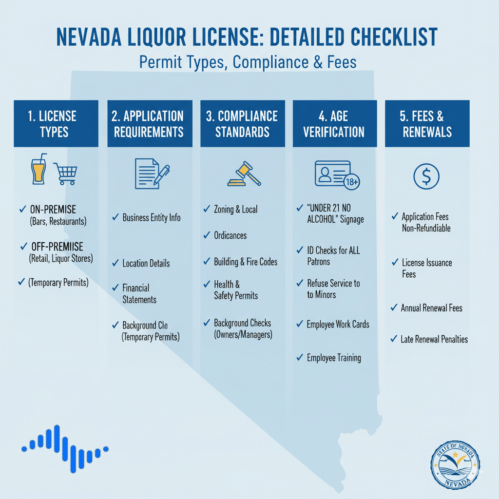 Checklist showing types of liquor license in Nevada and compliance rules