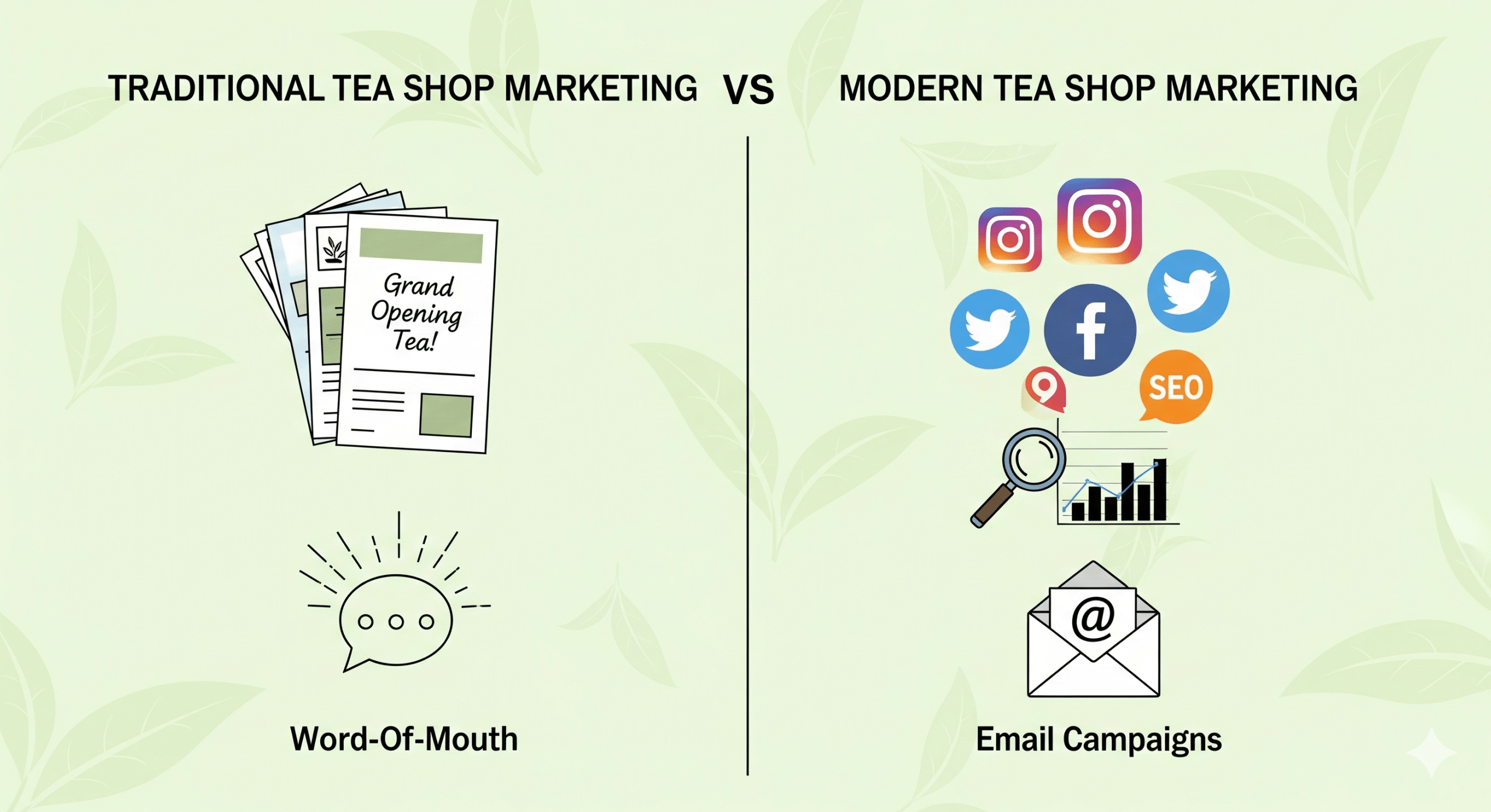 Comparison chart showing traditional vs modern marketing plan for a tea shop.