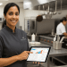 Catering manager reviewing digital reports on a cloud-based catering POS system tablet.