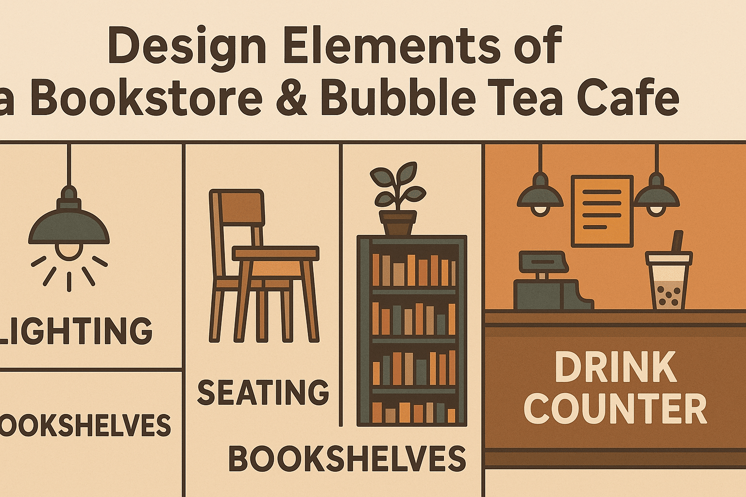Infographic showing layout and design ideas for bookstore and bubble tea cafe.