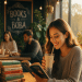 Woman reading and drinking bubble tea inside a bookstore and bubble tea cafe.