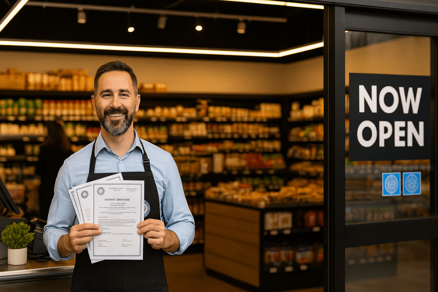 Smiling grocery owner showing approved licenses and permits for a new grocery store