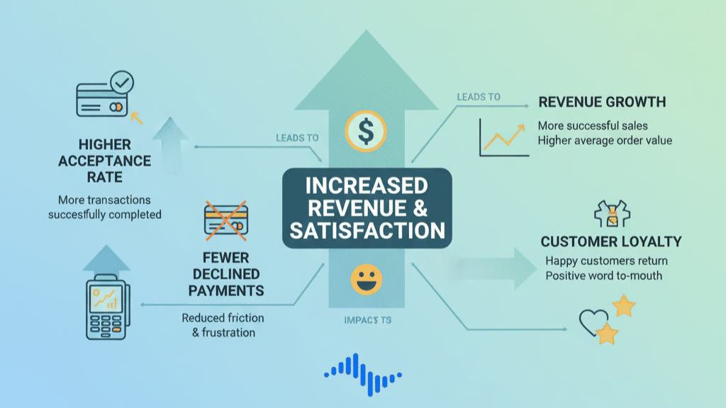 Infographic showing how to improve payment acceptance rate for higher sales and fewer declined transactions.