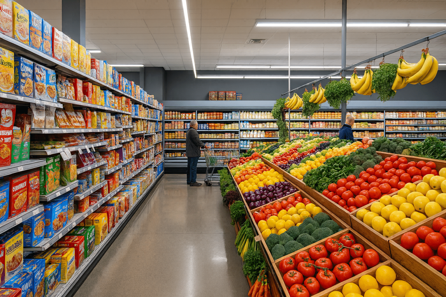 Grocery store aisle displaying processed and natural foods to explain what are processed foods