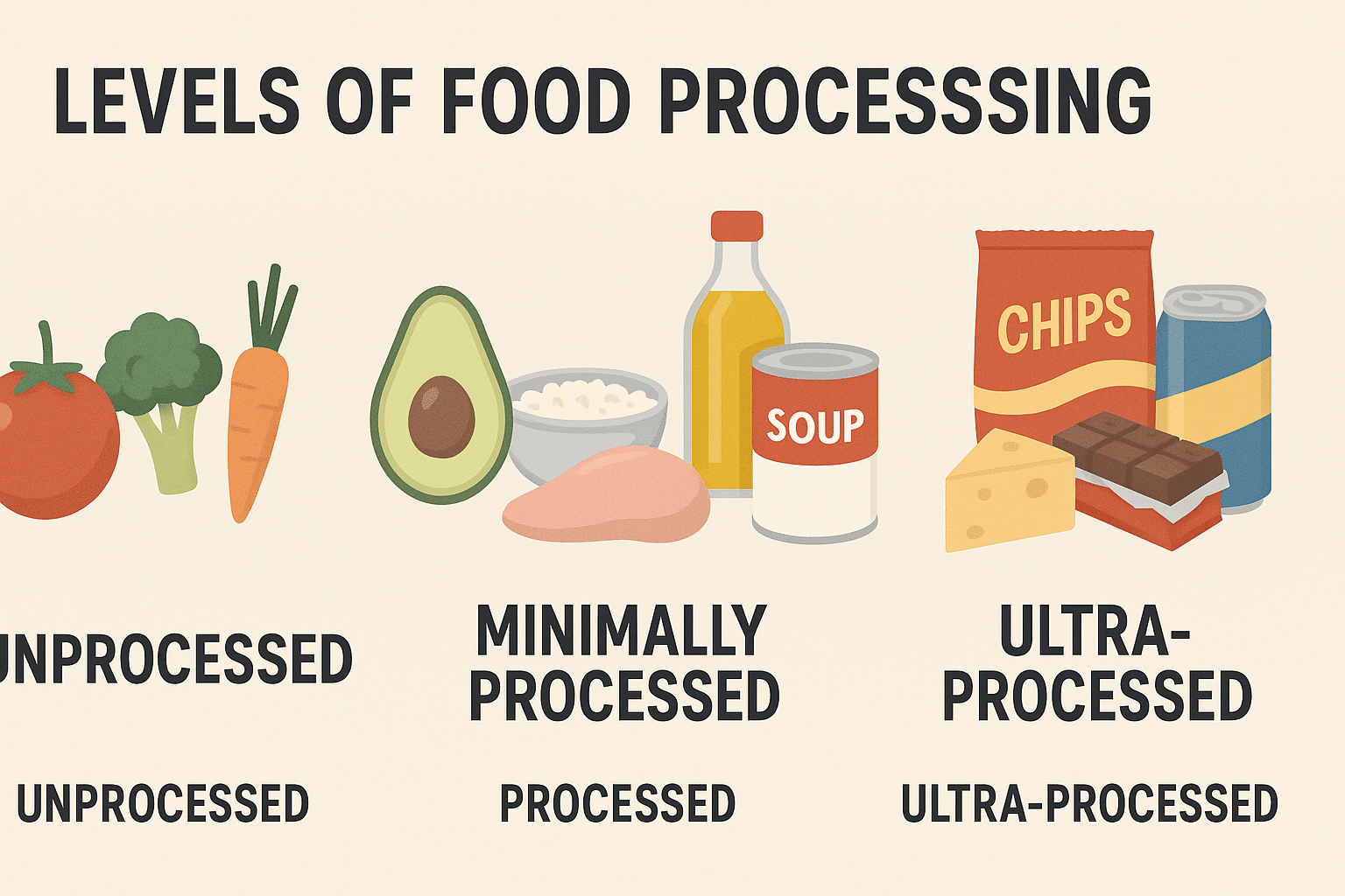 Infographic showing different levels of food processing to explain what are processed foods