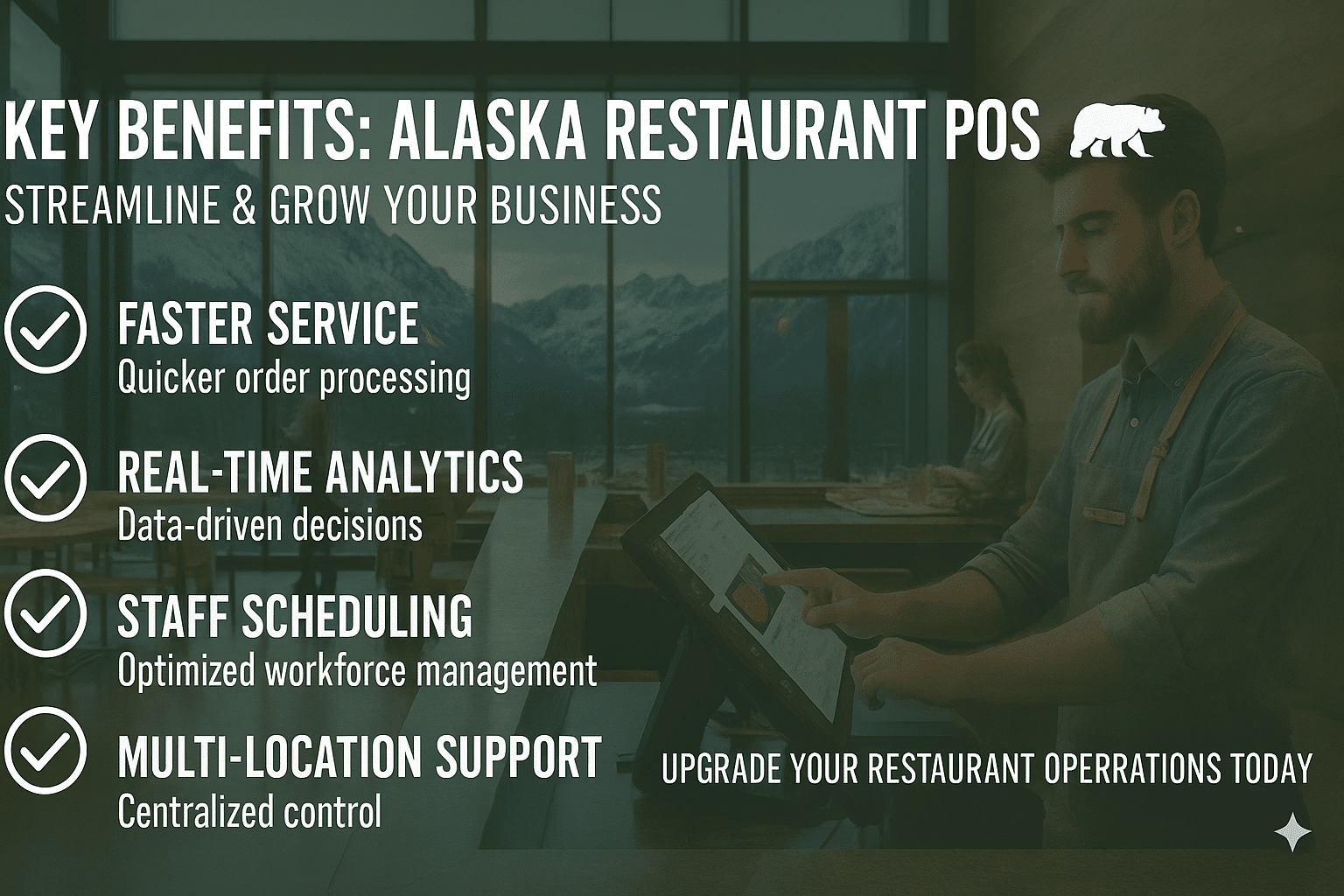 Checklist infographic showing benefits of Alaska restaurant POS system.