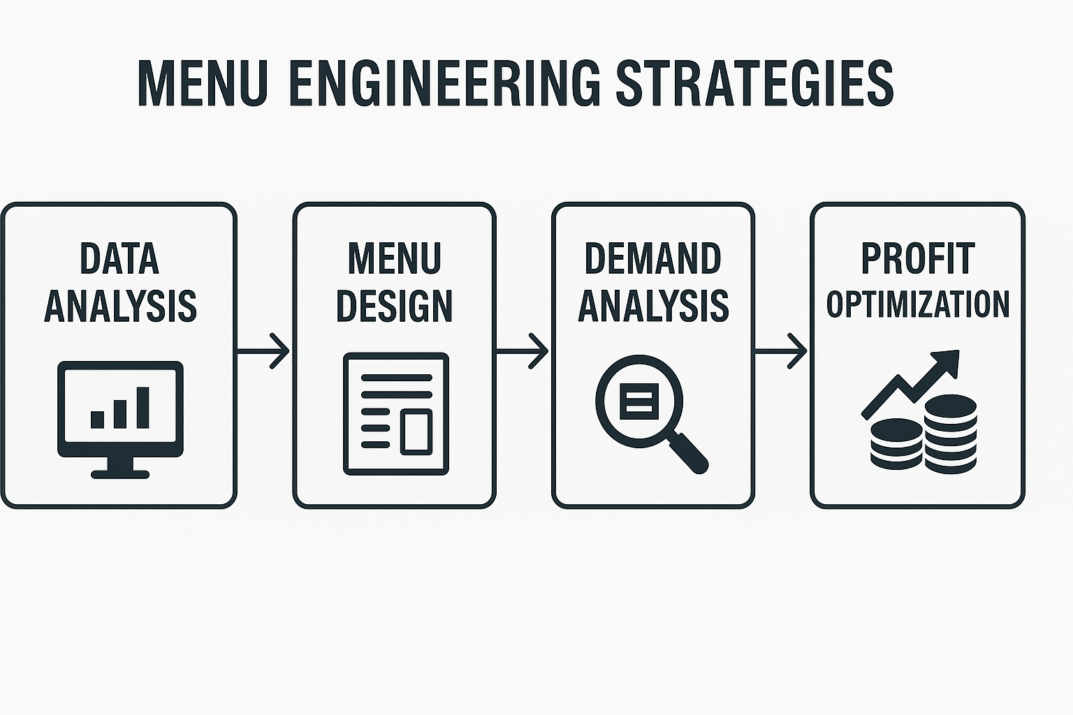 Flowchart of menu engineering strategies for fast food showing data analysis, menu design, and profit optimization steps.
