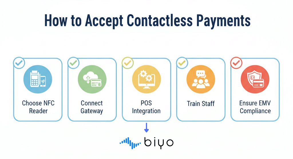 Checklist infographic showing how to accept contactless payments in five steps.