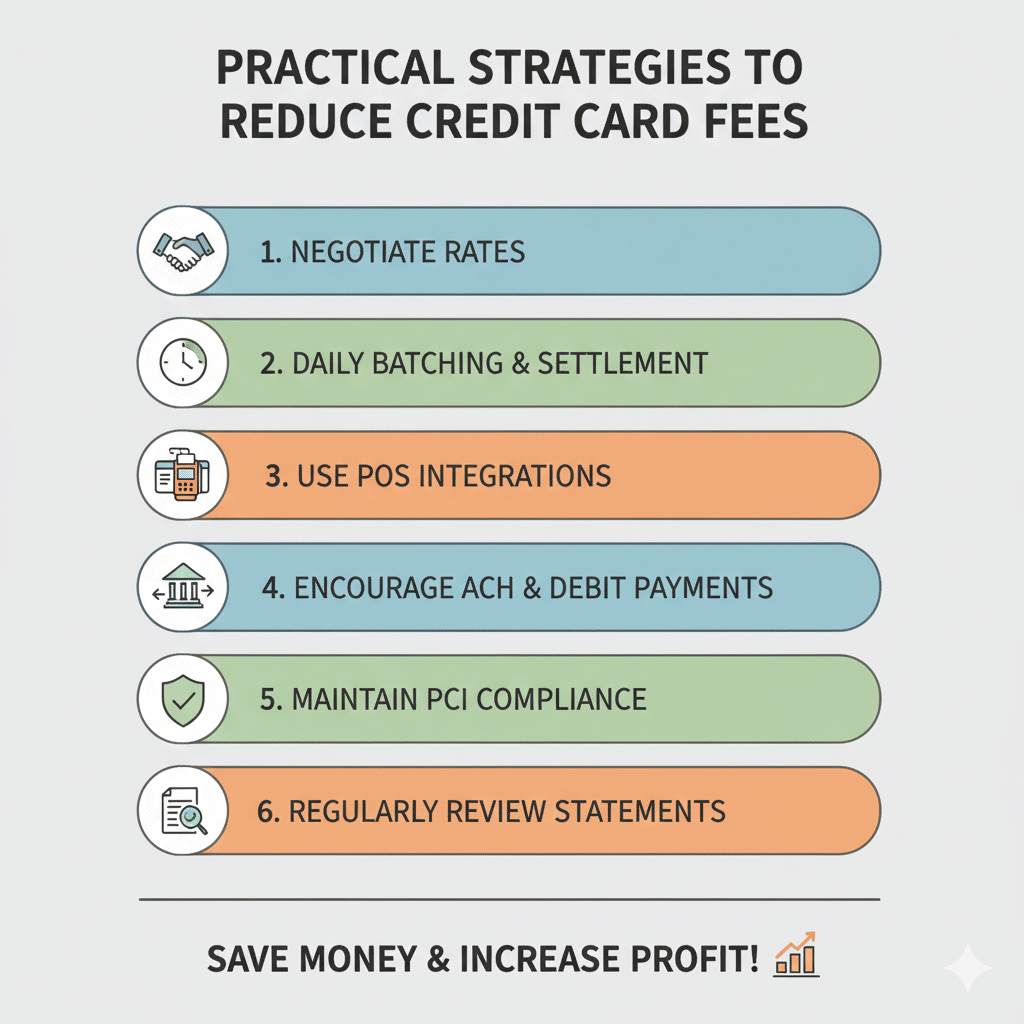 Checklist with action points for businesses to reduce credit card processing fees.