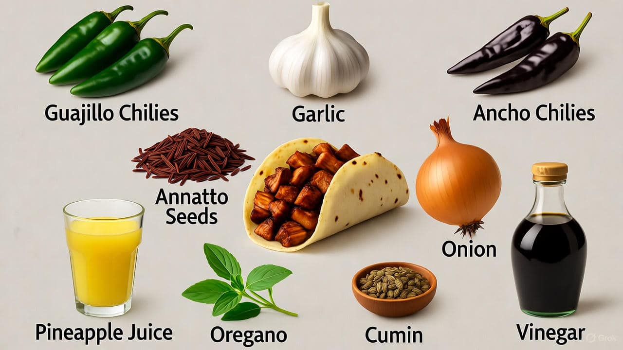 Infographic showing ingredients like chili peppers, annatto, garlic, and pineapple juice used in al pastor meat seasoning ingredients.