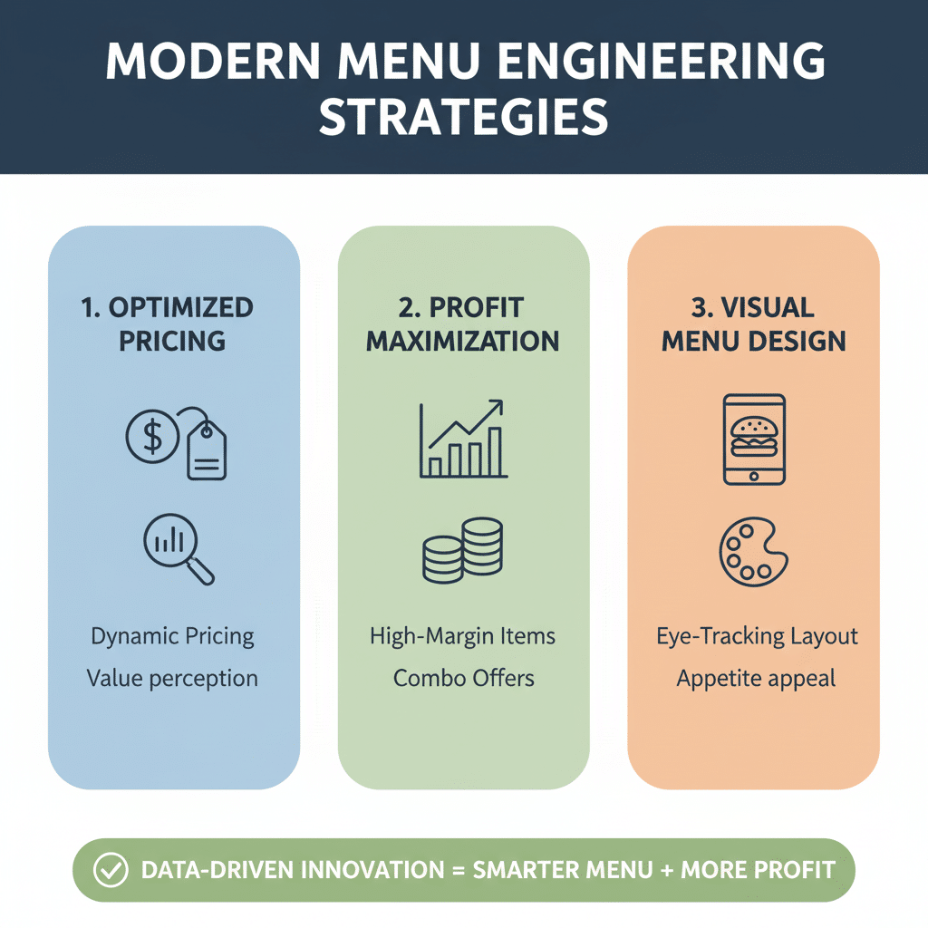 Infographic about menu engineering strategies for fast food including pricing, profitability, and menu design optimization.
