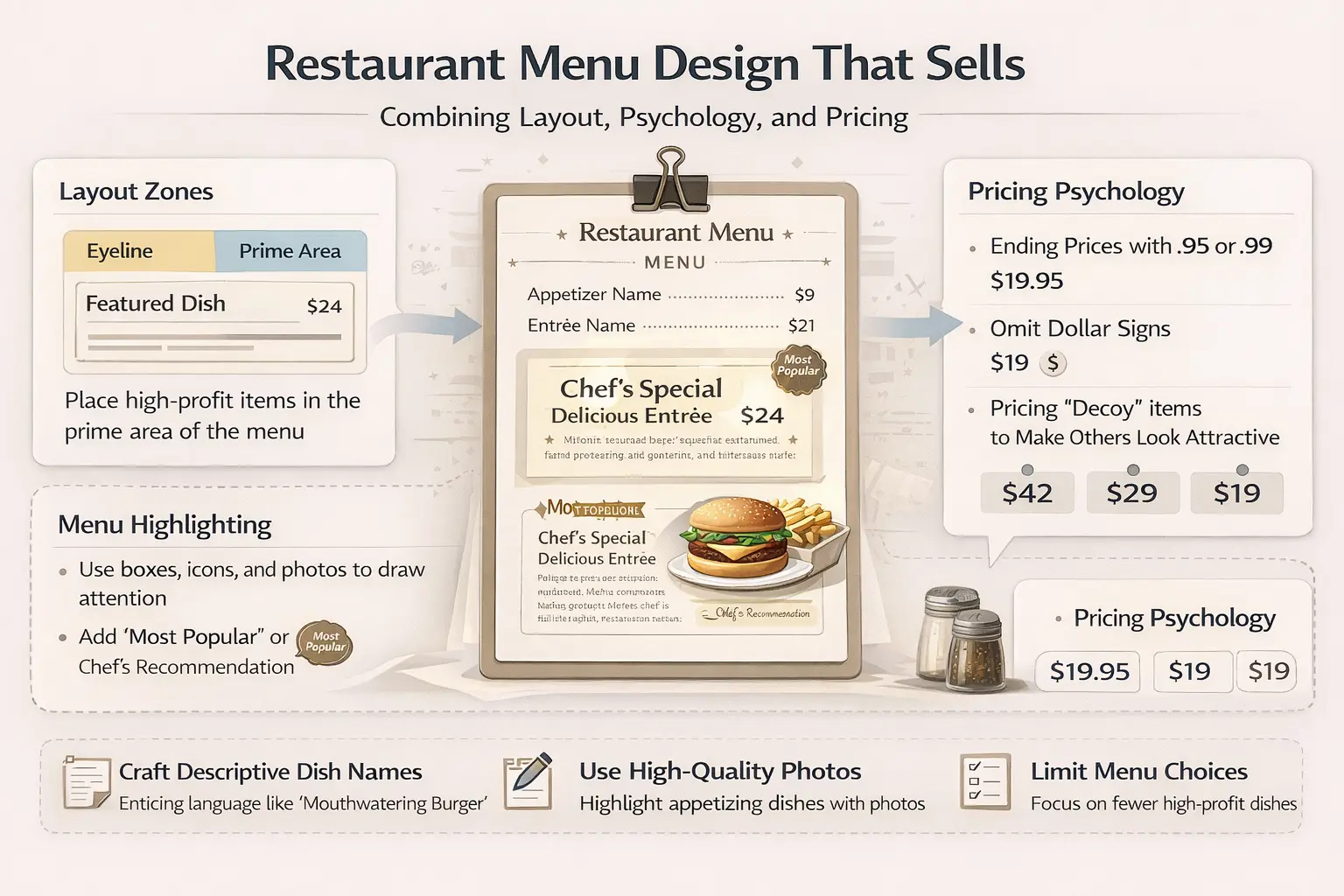 Restaurant menu design that improves sales using layout and pricing strategy
