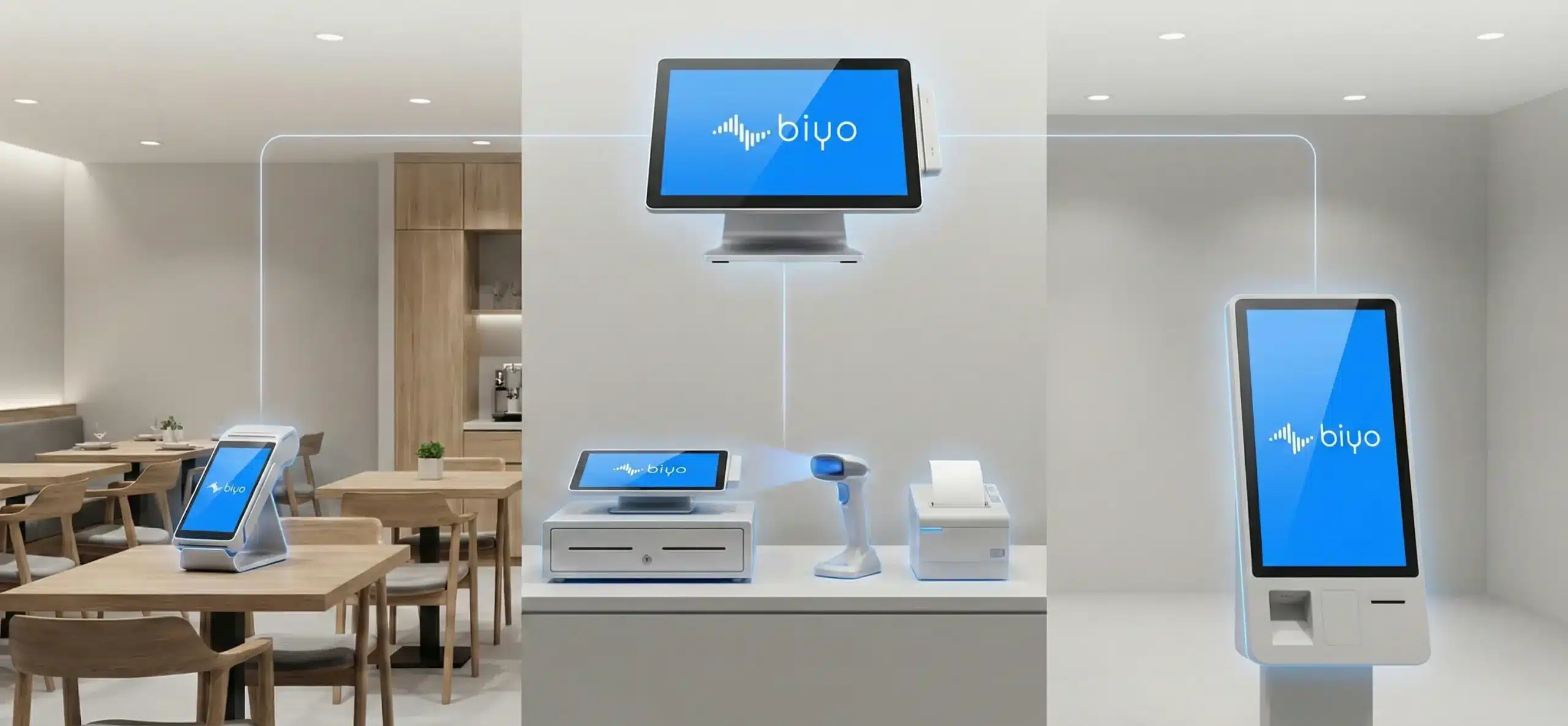 Biyo POS devices including countertop terminal, handheld screen, receipt printer, barcode scanner, and self-service kiosk set up inside a modern restaurant