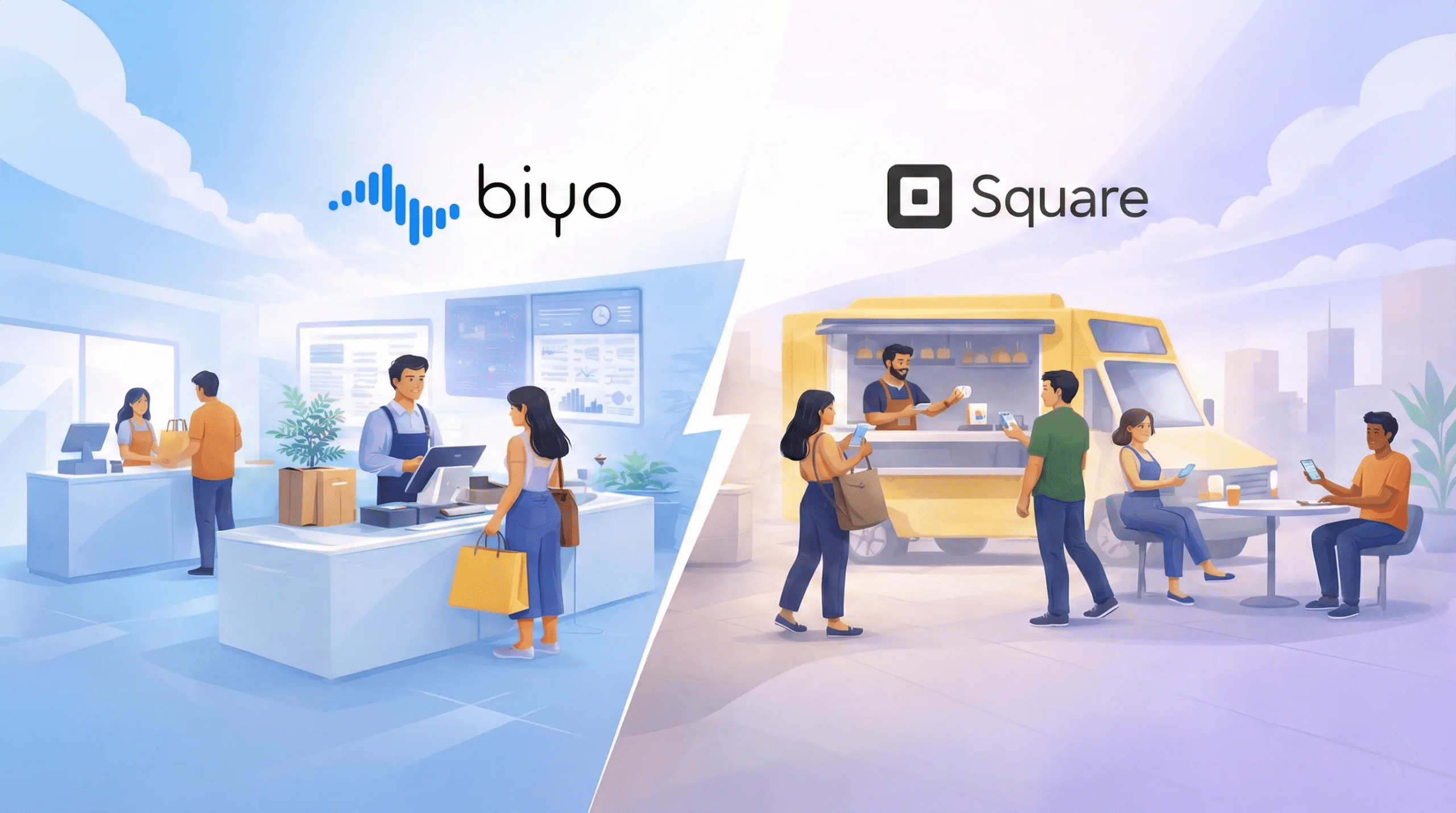 Illustrated comparison showing Biyo POS used in a modern retail store versus Square POS used at a food truck and outdoor dining setup