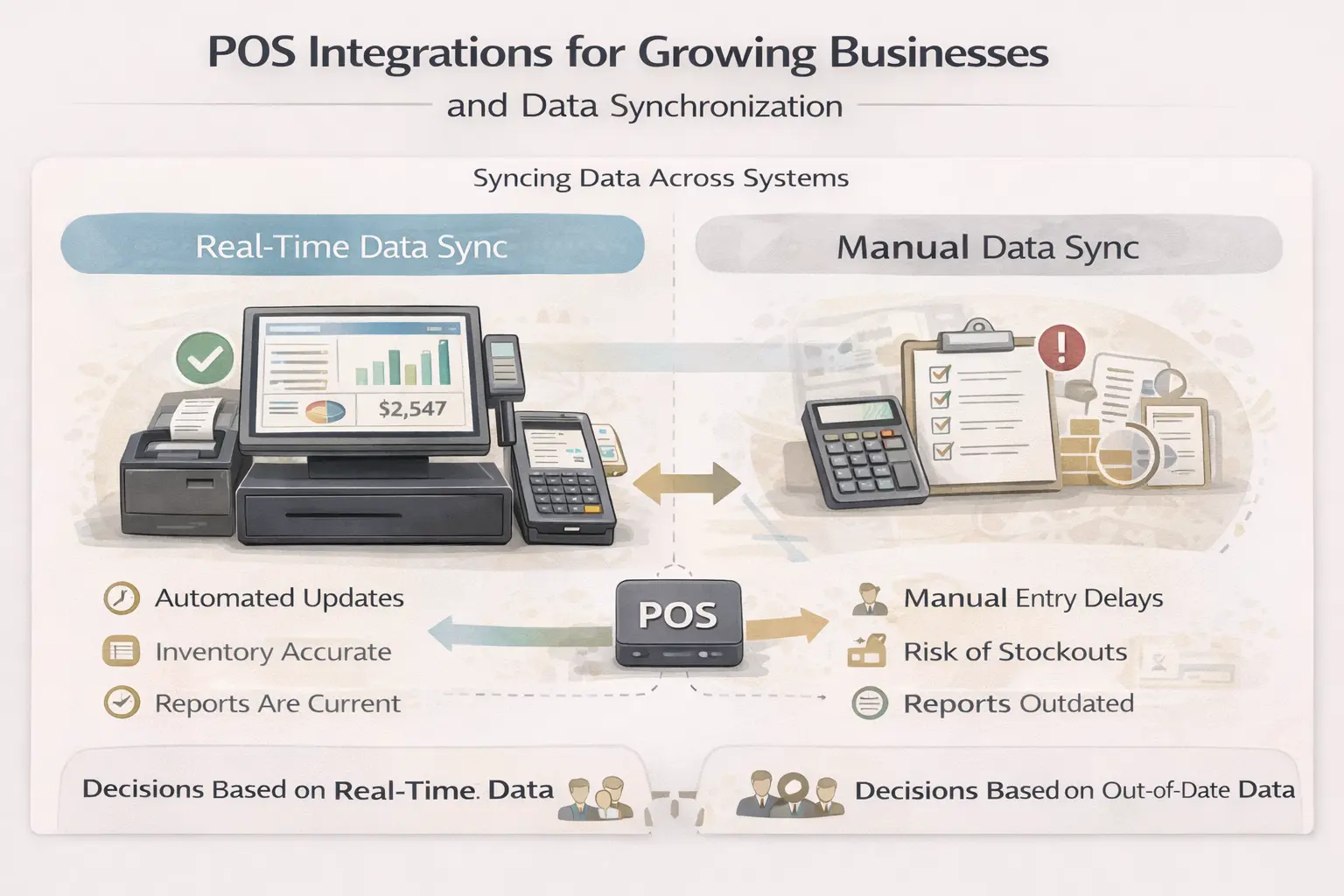Infographic comparing real-time POS data synchronization with manual data entry, highlighting accuracy, automation, and reporting differences